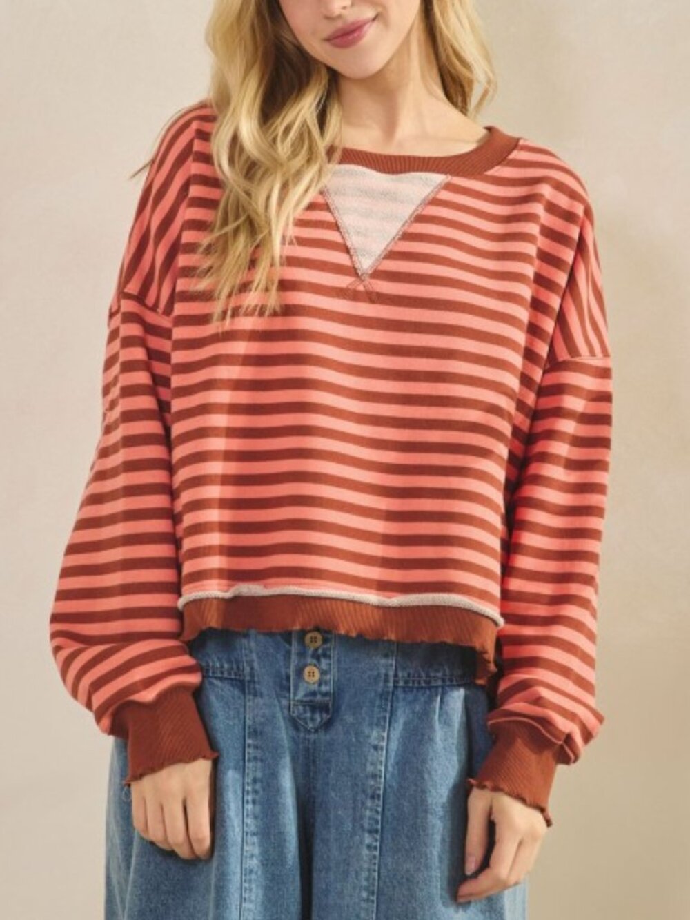 T80. Striped Lettuce Hem Cropped Sweatshirt - Picture 2 of 7